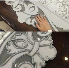 two pictures showing how to cut out decorative paper with scissors and glue on the table