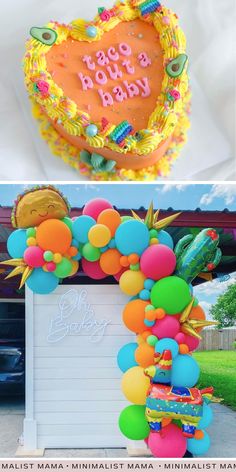 a birthday cake is decorated with balloons and decorations