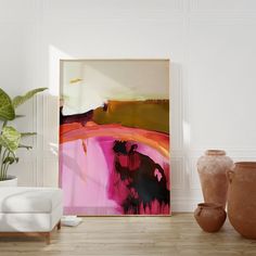 an abstract painting on the wall next to two vases and a plant in a white room