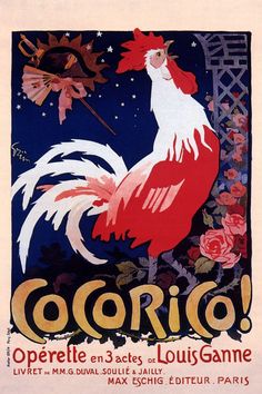 an old poster with roosters and flowers in the foreground reads gordio operelle 3 achtes loulugamene