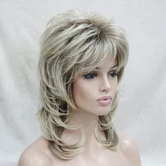 Layered Haircut With Bangs, Wavy Layered Haircuts, Blonde With Dark, Medium Length Blonde, Wig Wavy, Blonde With Dark Roots, Haircut With Bangs, Natural Wigs, Hair Medium