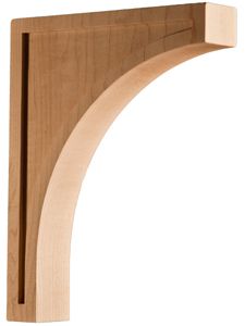 an unfinished wooden shelf bracket on a white background