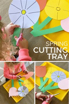 a collage of pictures showing how to make paper flowers and cut them out with scissors