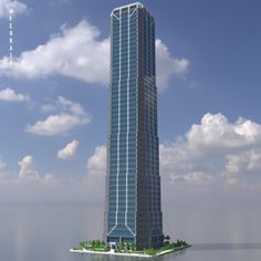 a very tall building sitting on top of a body of water in front of a cloudy blue sky