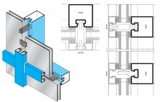 three different views of the same section of a building with blue and white lines on it