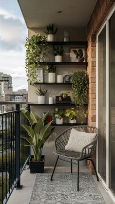 a balcony with plants and potted plants on shelves