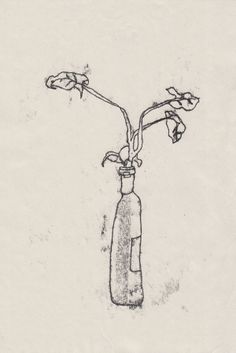 a black and white drawing of a bottle with flowers in it's top half