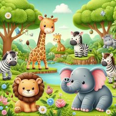 the animals are in the jungle by the river and trees with flowers on it, including an elephant, giraffe, zebra, lion, and another animal