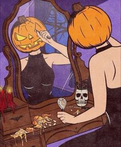 a painting of a girl looking at her reflection in the mirror with a pumpkin on it