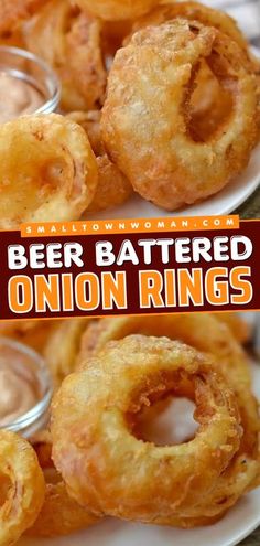 beer battered onion rings on a white plate with dipping sauce in the middle and text overlay that says beer battered onion rings