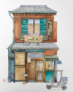 a watercolor painting of a store front with a scooter parked in front