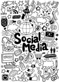 the word social media surrounded by doodles and other items in black and white colors