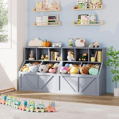 a child's playroom with toys on the shelves