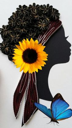 a woman's head with a sunflower on it and a butterfly flying next to it