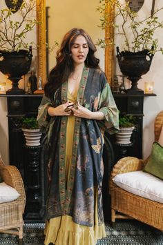 *CLOTHING / DOUBLE-LISTED (TITLE) DETAILS: 100% bamboo/wood viscose, wide sleeve, waist tie w loops, kimono style duster Machine wash gentle or handwash and hang to dry. Iron to finish if needed. Measurements: length 46.5" (118cm), width 30.5" (78 cm) (across back, underarm to underarm). Model is 5’7” for reference. DESIGN: This stunning piece features artist Artemisia Gentileschi’s self-portrait surrounded by lushly painted forest landscapes, birds, and butterflies. Gentileschi was an artistic Painted Forest, Women In Art, Moda Kimono, Artemisia Gentileschi, Duster Kimono, Birds And Butterflies, Mode Kimono, Bohemian Kimono, Beautiful Kimonos