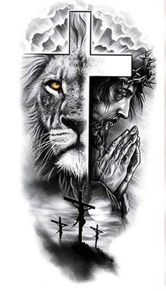 a cross with a lion on it and jesus holding his hands in front of him