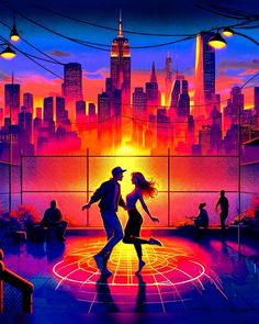 a couple dancing in front of a cityscape with neon lights and people on the floor