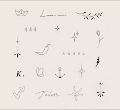 an assortment of different tattoos on a white background with the words angel written in black ink