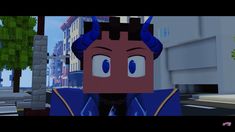 an animated character with blue hair and horns on his head in front of a cityscape