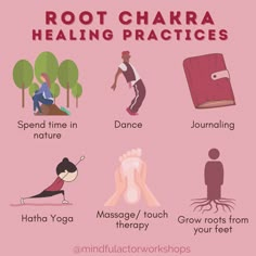 Root Chakra Healing Practices, red background with 6 images depicting: spending time in nature, dance, journaling, hatha yoga, massage, talk therapy, grow roots from your feet. Collected by Mindful Actor Workshops. Blocked Root Chakra, Vishuddha Chakra, About Chakras, Chakra Work