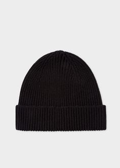 Paul Smith Men's Black Cashmere-Blend Beanie Hat Classic Black Beanie For Fall, Black Wool Beanie Cap, Classic Black Wool Beanie, Black Wool Beanie For Fall, Black Beanie With Short Brim For Winter, Black Ribbed Hat For Fall, Mens Beanie Hats, Bucket Hat Design, Crochet Beanie Hat