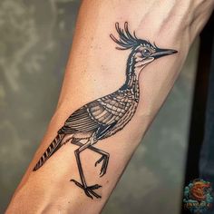 a black and white bird tattoo on the arm