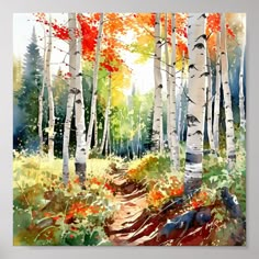 a painting of trees and leaves in the woods