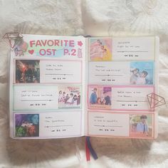 an open book with pictures and text on the pages that say favorite ost - p2