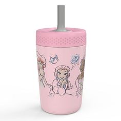 a pink sippy cup with princesses on the front and sides, sitting against a white background