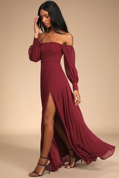 Instantly feel like you're in a fairy tale with the Lulus Feel the Romance Burgundy Off-the-Shoulder Maxi Dress! Lightweight gauzy woven chiffon shapes this spectacular dress that has an off-the-shoulder neckline and a fitted princess-seamed bodice (with hidden no-slip strips and supportive boning), all framed by long balloon sleeves with button cuffs and elastic at the shoulders. A high fitted waist tops a cascading maxi skirt with a thigh-high side slit to give this gown a little bit of a flir Burgundy Western Dress, Pirate Bridesmaid Dress, Lulus Burgundy Dress, Long Sleeve Burgandy Bridesmaids Dresses, Maroon Wedding Dress Guest, Dark Red Long Sleeve Dress, Fall Wedding Guest Dress Long Sleeve, Ball Gown Dresses Long Sleeve, Burgundy Bridesmaid Dresses Long Sleeve