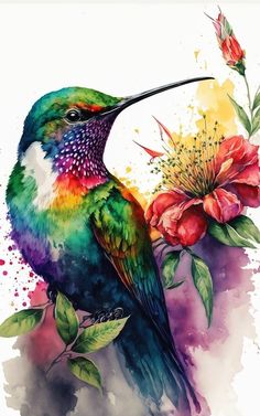 a painting of a colorful hummingbird sitting on a flower