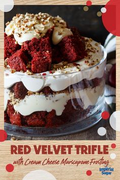 a red velvet trifle with cream cheese and mascarpone frosting on top