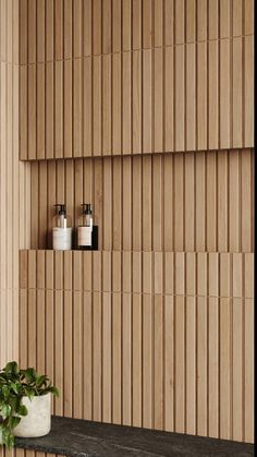 a bathroom with wood paneling and a plant on the shelf in front of it