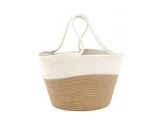 Type: Beach bag / Shopping basket Materials: Cotton rope, jute Color: White and beige Uses: Handbag, beach bag, shoulder bag Dimensions: 47 x 22 x height 27-41 cm (Length x Width x Height) This tote basket beach bag is the perfect accessory for your sunny days by the sea or for your summer getaways. Made from cotton rope and jute, it offers a harmonious blend of natural style and comfort. The contrasting colorways of white and beige add a touch of freshness and elegance to this bag, allowing it to easily match a variety of outfits and styles. The lined handles provide additional comfort when carrying, whether you carry it in your hand or on the shoulder. With generous dimensions of 47 x 22 x height 27-41 cm, this bag provides ample space to carry all your beach essentials, such as towels, Casual Beige Jute Beach Bag, Casual Cream Jute Bag, Beige Bucket Beach Bag For Shopping, White Basket Bag For Spring, Casual White Straw Tote Bag, Daily Use White Woven Straw Bag, Eco-friendly Cream Beach Bag With Braided Handles, Beige Beach Bag With Braided Handles For Shopping, White Woven Straw Shopping Bag