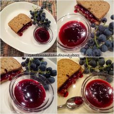 four different shots of blueberry cheesecakes on a plate with grapes and crackers