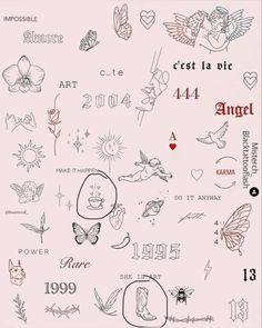 the back side of a pink sheet with tattoos on it and numbers in different languages