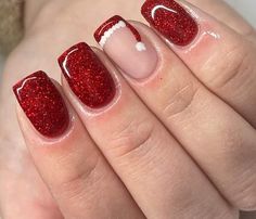 Basic Sparkly Nails, Sparkly Nails Short Square, New Christmas Nails, Christmas Nails Basic Short, Christmas Nails Square Short Simple, Simple Dark Christmas Nails, Nail Designs Very Short Nails, Red Nail Designs For Christmas, Red Xmas Nails Simple