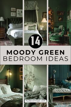 a collage of photos with the words mood green bedroom ideas