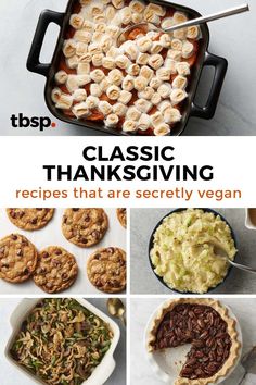 thanksgiving menu for vegans with images of pies, desserts and other foods