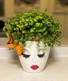 a potted plant with leaves on top of it and a face painted on the side