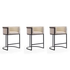 three modern barstools with beige leather upholstered seats