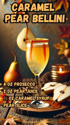 an advertisement for a drink called caramel pear bellini