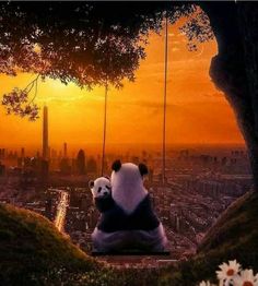 a panda bear sitting on top of a tree in front of a cityscape