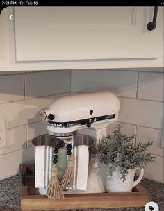 a kitchen counter top with a mixer, potted plant and other items on it