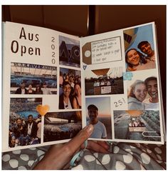 an open book with pictures of people and words on the pages that read aus open 2010