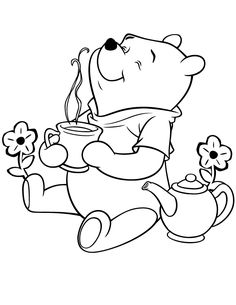 winnie the pooh holding a tea pot with flowers in its paws coloring pages for kids