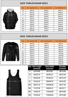 men's hoodie size chart with measurements and measurements for each item in the image