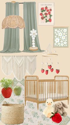 a baby's nursery with strawberries and other items