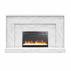 a white marble fireplace with an electric fire place in the center and flames on it