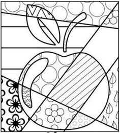 an apple coloring page with flowers and leaves in the center, on top of a black and white background